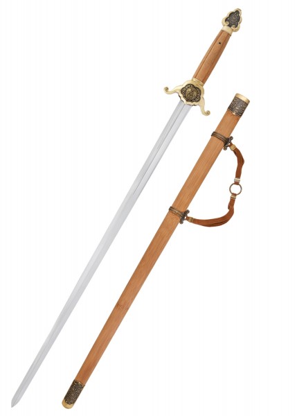 Das Bild zeigt ein Shaolin Jian Schwert mit einer eleganten Klinge und einem detaillierten Messinggriff. Der Holzscheide ist ebenfalls kunstvoll gestaltet und verfügt über einen praktischen Lederriemen zur Befestigung.