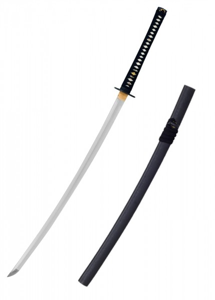 Das John Lee Hannya Katana zeigt eine präzise geschmiedete Klinge mit einem eleganten, leicht geschwungenen Design. Der schwarze Griff ist kunstvoll verziert und die passende Scheide komplettiert dieses traditionelle japanische Schwert.