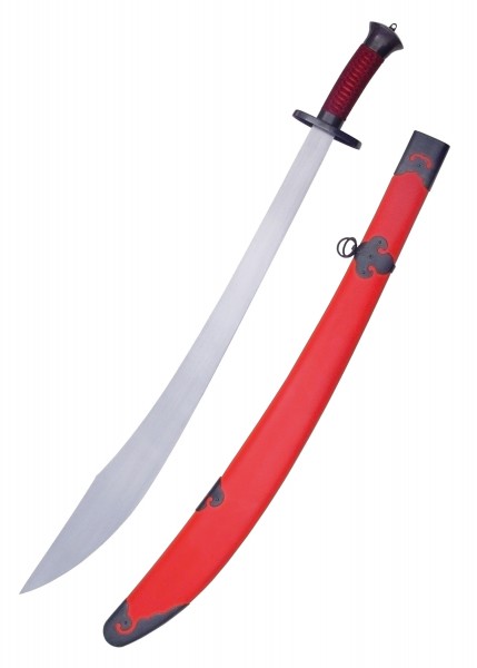 Das Water Song Wushu Schwert ist ein elegantes Kampfschwert mit gebogener, silberner Klinge und rotem Griff. Es wird mit passender roter Scheide geliefert, die mit schwarzen Akzenten verziert ist. Ideal für Wushu-Praktiken.