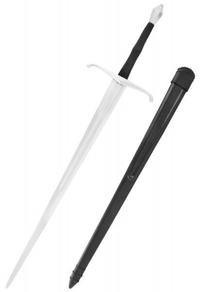Der italienische Anderthalbhänder mit Scheide ist ein mittelalterliches Schwert mit einer langen, scharfen Klinge und einem eleganten Parier. Die dazugehörige schwarze Scheide bietet optimalen Schutz und ist sorgfältig verarbeitet.