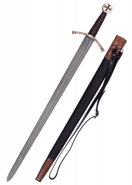 Das ist ein Templerschwert mit Tatzenkreuz, inklusive einer Scheide. Das Schwert hat einen langen, geraden Griff und eine präzise Klinge. Die Scheide ist aus Leder mit Metalldetails, ideal für Mittelalter- und Ritterfans.