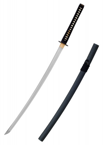 Das John Lee Practical Katana ist ein kunstvoll gestaltetes Schwert mit einer langen, gebogenen Klinge und einem schwarzen Griff. Es kommt mit einer passenden schwarzen Scheide und ist ideal für Sammler und Kampfsportler.