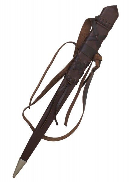 Eine handgefertigte Schwertscheide aus braunem Leder, ca. 76 cm lang. Integrierter Ledergürtel mit großzügigen Verstellmöglichkeiten. Ideal für historische Nachstellungen. Metallkappe schützt das Schwertende.