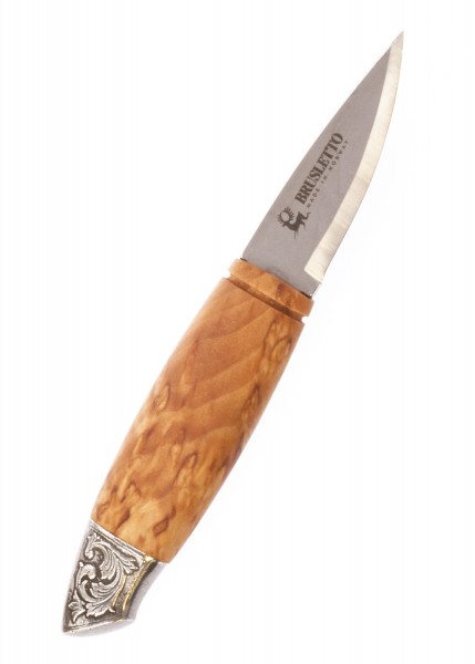 Feststehendes Messer Renessanse von Brusletto mit einer feststehenden Klinge. Der Griff ist aus attraktivem, gemasertem Holz. Die Klinge trägt das Brusletto-Logo und die Spitze des Griffs ist verziert mit einem silbernen Abschluss, der kunstvoll gest
