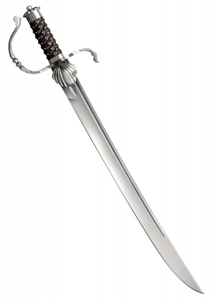 Ein elegantes Jagdschwert mit langer, glänzender Klinge und kunstvoll gestaltetem Griff. Der Griff ist mit einem braunen, geflochtenen Lederband umwickelt und besitzt einen verzierten Handschutz aus Metall.