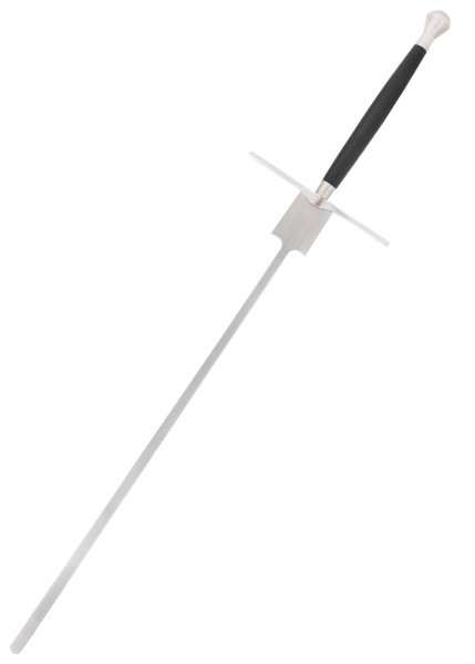 Das Federschwert ist ein mittelalterliches Trainingsschwert mit einer langen, geraden Klinge und einem schwarzen Griff. Ideal für historische Fechtübungen und historische Nachstellungen.