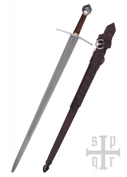 Das Einhandschwert Oakeshott XIIa ist ein mittelalterliches Schaukampfschwert. Es hat eine lange, scharfe Klinge, einen mit Leder bezogenen Griff und wird mit einer dunkelbraunen Lederscheide präsentiert.