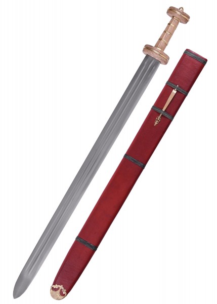 Römische Spatha des 3. Jahrhunderts mit rotem Scheide. Das Schwert hat einen langen, geraden Stahlklinge und einen aufwendig gestalteten Griff. Die rote Scheide besitzt schwarze Riemen und verzierte Beschläge.