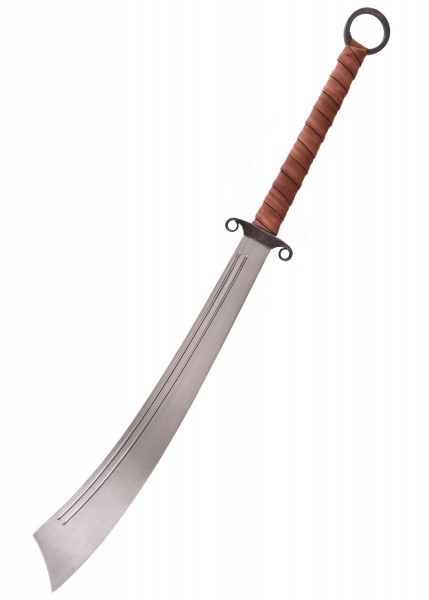 Das Militär-Dadao ist ein chinesisches Schwert aus dem Zweiten Weltkrieg. Es hat eine lange, gebogene Klinge und einen braunen, lederumwickelten Griff mit einer Ringöffnung am Ende. Zwei kleine Haken befinden sich an der Basis der Klinge.