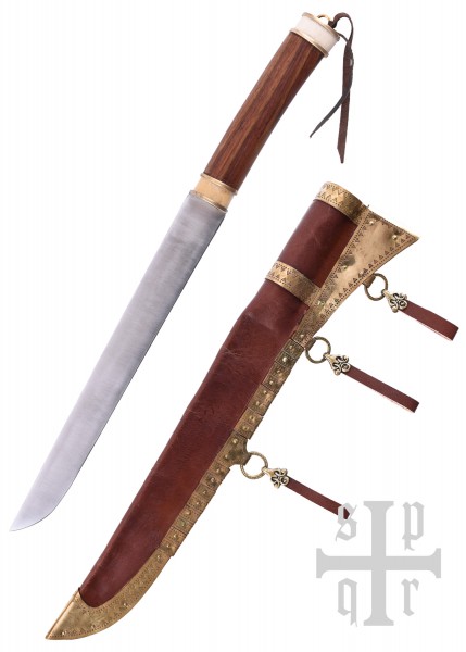Ein Wikinger-Sax-Messer aus Karbonstahl mit Holz-/Knochengriff. Das Messer ist scharf und wird mit einer kunstvoll gestalteten Lederscheide mit Metallverzierungen geliefert. Ideal für Sammler und Enthusiasten historischer Waffen.