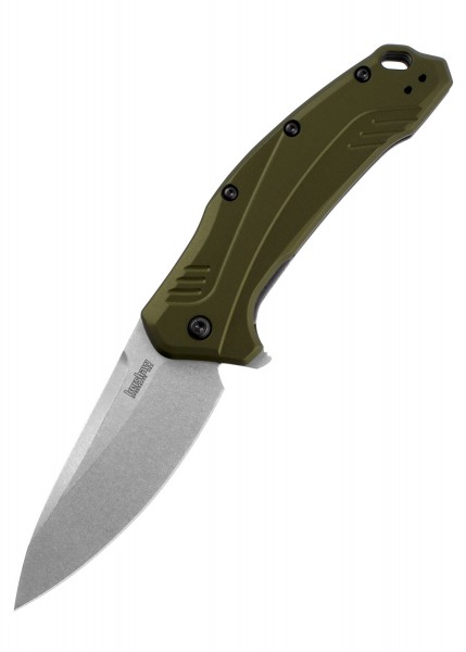 Das Kershaw Link Taschenmesser verfügt über einen robusten, olivfarbenen Aluminiumgriff und eine stonewashed Klinge aus 20CV Stahl. Ideal für Outdoor-Enthusiasten, die Zuverlässigkeit und Langlebigkeit in einem kompakten Design schätzen.