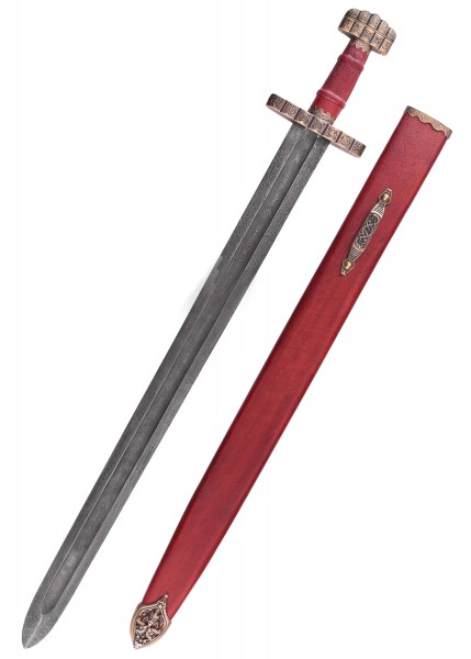 Detailaufnahme eines Wikingerschwerts aus Haithabu, 9. Jh., aus Damaststahl gefertigt. Das Schwert hat eine Verzierung am Griff und wird mit einer roten, ebenfalls verzierten Scheide geliefert.