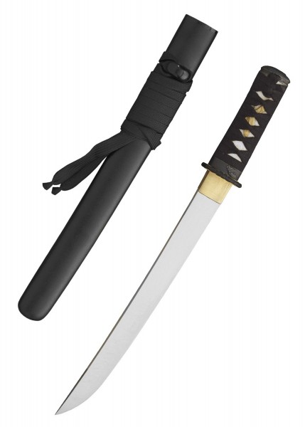 Das Bild zeigt ein Raptor Tanto mit einer glatten, polierten Klinge und einer schwarzen Griffwicklung. Daneben liegt eine passende schwarze Scheide mit Textilumwicklung, die das Schwert stilvoll und sicher aufbewahrt.