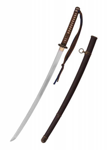 Das John Lee Gunto Katana ist ein kunstvoll gefertigtes Samurai-Schwert mit einer langen, geschwungenen Klinge und aufwendigen Griffdetails. Es kommt mit einer eleganten, dunklen Schwertscheide, die mit traditionellen Ornamenten verziert ist.