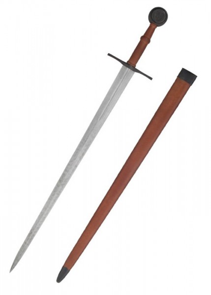 Der Anderthalbhänder von Albrecht II. - Antikversion ist ein authentisch nachempfundenes, historisches Schwert. Es hat eine scharfe Klinge, einen lederumwickelten Griff und kommt mit einer robusten, braunen Schwertscheide.