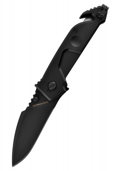 Das Extrema Ratio MF1 ist ein schwarzes Taschenmesser mit einer robusten, mattierten Klinge und einem ergonomischen Griff. Es verfügt über einen Glasbrecher und einen integrierten Seilschneider, was es vielseitig für den täglichen Gebrauch macht.