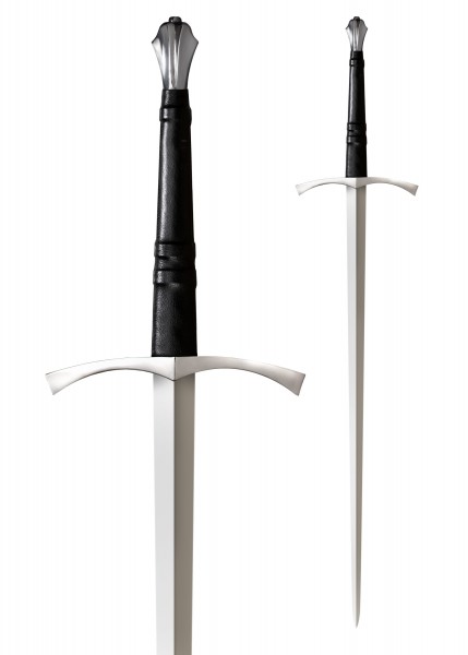 Italienisches Langschwert mit schwarzem Ledergriff und silberner Parierstange. Die Gesamtlänge und der detaillierte Griff heben die historische Ästhetik hervor. Schwerthülle nicht abgebildet.