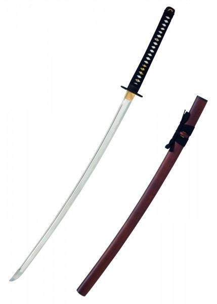 Das John Lee Red Wood Iaito, lang, ist ein elegantes Trainingsschwert mit einer scharfen, gebogenen Klinge und einem schwarzen Griff mit weißen Akzenten. Die dazugehörige rote Scheide ist schlicht und stilvoll.