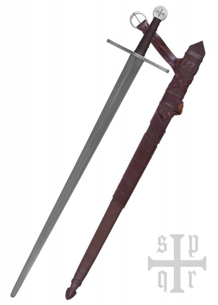 Das Tempelritter-Schwert ist ein Schaukampfschwert mit langer Klinge und einem Griff mit Kreuzsymbol. Es wird mit einer robusten, braunen Scheide geliefert. Ideal für mittelalterliche Reenactments und Sammlungen.
