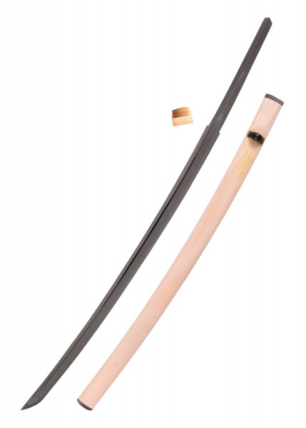 John Lee praktische Katana-Klinge mit Holzscheide. Die schwarze Klinge ist leicht gekrümmt und vermittelt ein Gefühl von Ausschnitt. Die mitgelieferte Holzscheide hat ein einfaches, natürliches Design, das das Schwert optimal schützt.