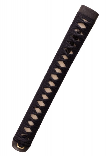 Detailaufnahme des Griffs eines Samuraischwerts von John Lee. Der Griff ist mit schwarzer Baumwolle umwickelt und zeigt ein geometrisches Muster mit sichtbaren hellen Segmenten. Eignet sich hervorragend für traditionelle japanische Schwertkunst.