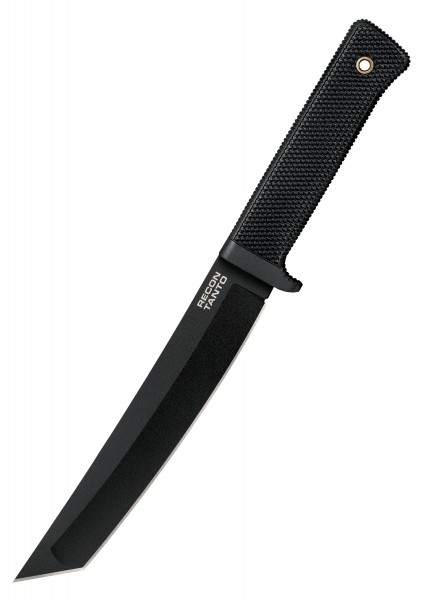 Das Bild zeigt ein Recon Tanto von Cold Steel mit einer SK-5 Karbonstahlklinge. Das Messer hat eine schwarze, gerade, winkelige Klinge und einen texturierten Griff für besseren Halt. Es gibt eine Öse für eine Schnur am Griffende.