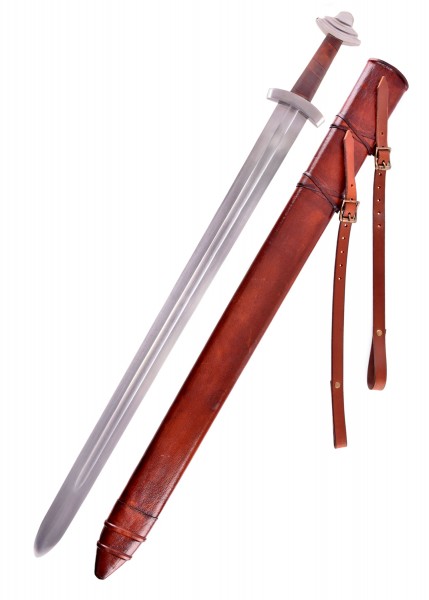 Detailaufnahme eines Wikingerschwertes aus dem 11. Jahrhundert mit einer robusten Lederscheide. Das Schwert ist für Schaukampf geeignet und zeichnet sich durch seine filigrane Verarbeitung und die stabile Klinge aus.