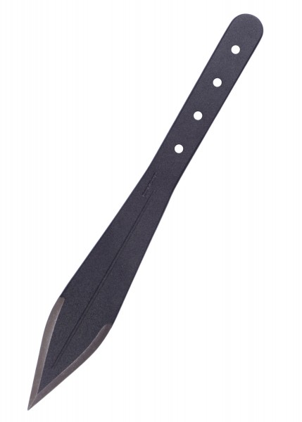 Das Bild zeigt den Dismissal Thrower von Condor. Es handelt sich um ein Wurfmesser mit einer schwarzen Klinge und einem perforierten Griff. Der Wurfmesser hat ein schlankes, aerodynamisches Design und ist für Präzision und Balance ausgelegt. Ideal fü