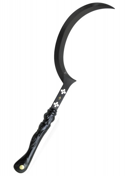 Dekoratives Arakh-Schwert inspiriert von Game Of Thrones, besonders Khal Drogo. Die Klinge ist geschwungen und schwarz, mit einzigartigen Mustern in der Nähe des Griffes. Der Griff ist kunstvoll gestaltet und verfügt über weiße Details.