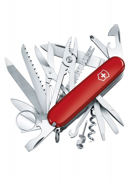 Das Offiziersmesser SwissChamp in Rot zeigt eine Vielzahl von Werkzeugen, darunter eine Schere, eine Säge, einen Flaschenöffner und einen Korkenzieher. Das rote Gehäuse mit dem markanten Schweizer Kreuz ist kompakt und langlebig, ideal für Outdoor- u
