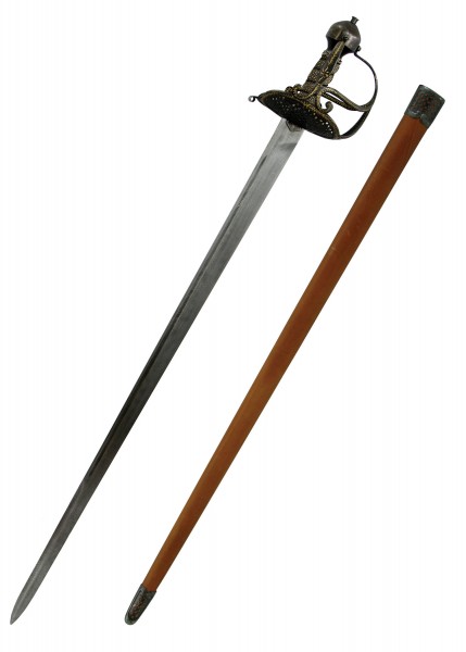 Das Oliver Cromwell Schwert ist ein kunstvoll verziertes Stück mit detailliertem Griff und kräftiger Klinge. Es kommt mit einer braunen Lederscheide mit Metalleinsätzen. Es ist ideal für Sammler und Historiker.