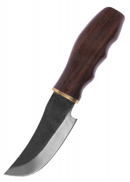 Dieses Messer verfügt über eine ca. 20 cm lange Klinge und einen ergonomischen Griff aus poliertem Holz. Es wird in einer eleganten Lederscheide geliefert, die sowohl Schutz als auch Stil bietet. Ideal für Mittelalter- und Outdoor-Enthusiasten.