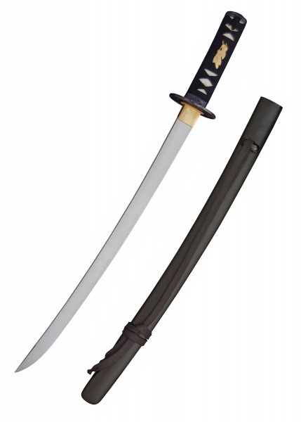 Das Raptor Wakizashi ist ein kunstvolles Schwert mit einer scharfen, leicht gekrümmten Klinge und einem schwarzen Griff mit traditionellen japanischen Verzierungen. Inklusive passender Scheide für sicheren Transport und Schutz.