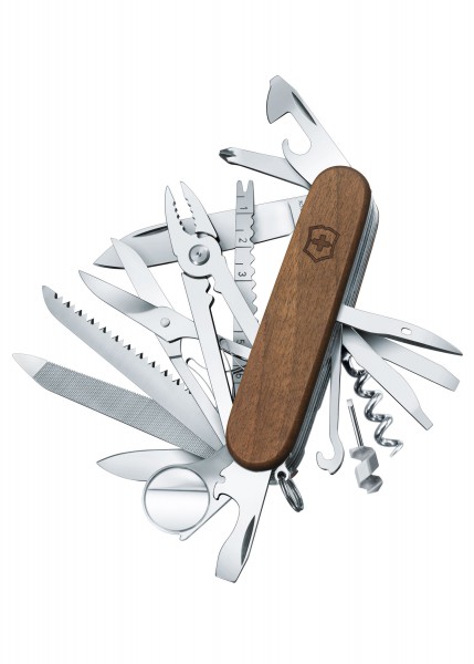 Das SwissChamp Wood ist ein multifunktionales Taschenmesser aus hochwertigem Nussbaumholz. Es enthält zahlreiche Werkzeuge wie eine Säge, Schere, Schraubenzieher und Korkenzieher. Die edle Holzverarbeitung und kompakte Größe machen es zu einem ideale