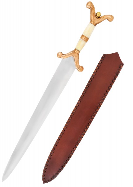 Keltisches Kurzschwert aus dem 3. - 2. Jh. v. Chr. mit einer prächtigen Verzierung. Die Klinge ist leicht gebogen und hat einen kunstvoll gestalteten Griff. Das Schwert kommt mit einer braunen Lederscheide, die handgefertigt scheint.