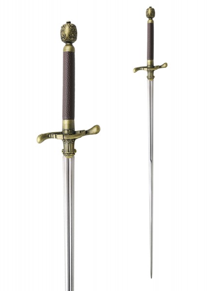 Das Bild zeigt Nadell, Arya Starks Schwert aus Game of Thrones. Der Griff ist braun und strukturiert, das Parier und der Knauf sind mit goldenen Details verziert. Die Klinge ist dünn und lang, ideal für präzise Fechtmanöver.