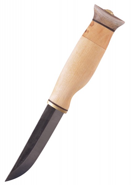 Das Jagdmesser Vuolupuukko sarvihatulla von Wood-Jewel hat ein elegantes Design mit einem glatten Griff aus hellem Holz und einer kräftigen, scharfen Klinge, ideal für draußen und Jagdaktivitäten. Detailaufnahme des Messergriffs und der Klinge.