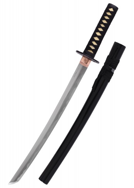 Das Bild zeigt ein schwarzes Wakizashi von Marto. Das Schwert hat eine gebogene Klinge und einen schwarzen Griff mit goldenen Details. Die dazugehörige schwarze Scheide liegt daneben. Ein elegantes Samuraischwert für Sammler.