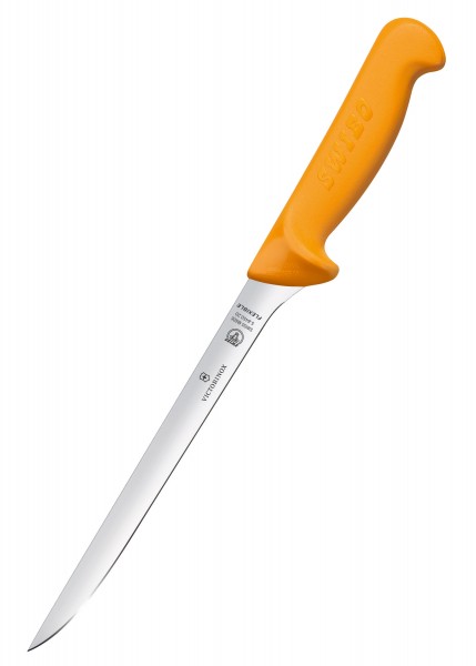 Das Bild zeigt ein Fischfiletiermesser mit einer 20 cm langen, schlanken Klinge und einem breiten, ergonomischen Griff in leuchtendem Orange. Die Klinge trägt das Victorinox-Logo und weitere Markierungen.