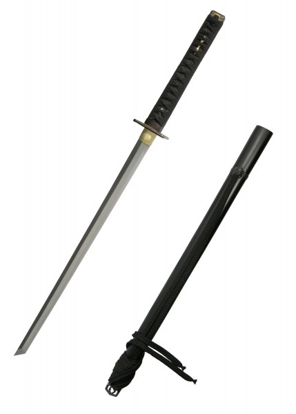 Praktischer Shinobi Ninja-To mit schwarzem Same. Die Klinge ist gerade und scharf, der Griff ist mit einem schwarzen Wickelband versehen und das klassische Design wird durch Details ergänzt. Enthält eine dazu passende Scheide.