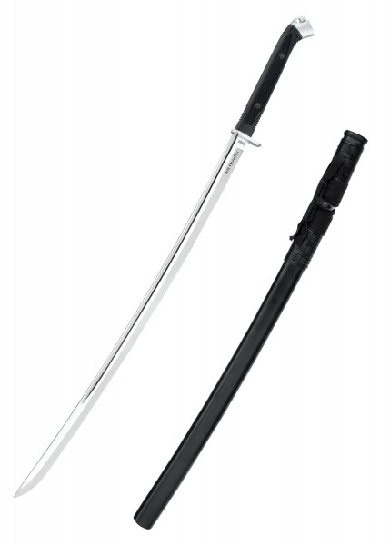 Das Honshu Boshin Katana ist ein elegantes, modernes Schwert mit einer glänzenden Klinge und einem schwarzen, ergonomisch geformten Griff. Es kommt mit einer passenden, schwarzen Scheide, die perfekt zum schlichten Design passt.