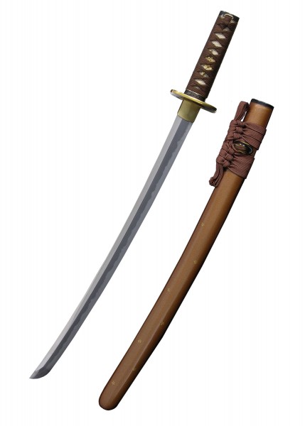 Der Bushido Wakizashi ist ein kunstvoller Kurzschwert mit einer scharfen Klinge und einem kunstvoll verzierten Griff. Die Scheide ist in einem eleganten Braun gehalten und mit traditionellen Details verziert, ideal für Sammler und Enthusiasten.