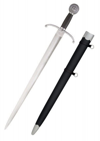 Das scharfe Schwert Heinrichs V. von England ist ein präzise gefertigtes historisches Replikat. Es zeigt einen schlanken Stahlklingen und einen detaillierten Griff sowie eine passende schwarze Scheide für sicheren Transport und Aufbewahrung.
