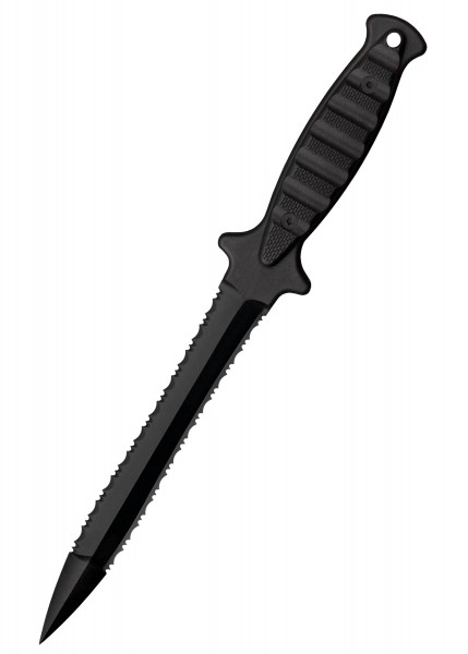 Das FGX Wasp ist ein schwarzes Messer mit gezackter Klinge und geriffeltem Griff. Es hat ein taktisches Design mit einer doppelten Schneide und einer robusten Bauweise, ideal für Outdoor- und Überlebensanwendungen.