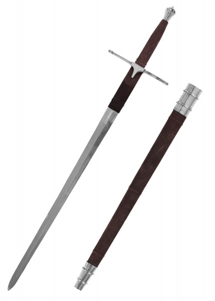 Das William Wallace Schwert ist eine beeindruckende Replik mit einem langen Metallklinge und einem braunen Griff. Die dazugehörige Scheide ist ebenfalls braun und mit Metallapplikationen versehen. Ideal für Sammler und Enthusiasten.