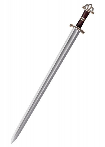 Detailaufnahme eines Wikingerschwerts aus Damaststahl. Die lange, glänzende Klinge und der verzierte Griff bieten einen imposanten Anblick. Der Griff ist reich verziert und bietet einen festen Halt für den Benutzer.