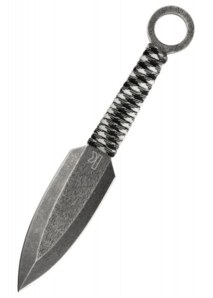 Das Bild zeigt ein Kershaw ION Wurfmesser aus einem 3er-Set. Das Messer besitzt eine scharfe, leicht gebogene Klinge und einen Griff mit schwarz-weißer Kordelwicklung sowie einer runden Öffnung am Ende. Ein robustes und präzises Werkzeug für das Wurf