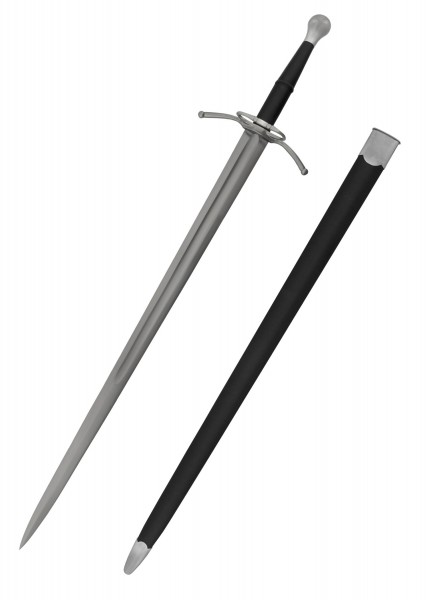 Das Rheinländer Bastardschwert ist ein elegantes mittelalterliches Schwert mit langer Klinge und charakteristischem Knauf. Es kommt mit einer schlicht schwarzen Scheide, ideal für Historiker und Sammler von Replikwaffen.
