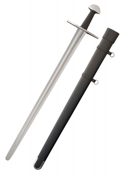Abgebildet ist ein Tinker Normannenschwert mit Schaukampfklinge, SK-A. Das Schwert hat eine lange, gerade Klinge aus glänzendem Metall und wird mit einer passenden schwarzen Scheide geliefert. Die Parierstange ist schlicht und gerade.