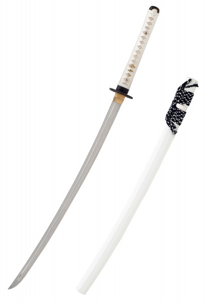 Das John Lee Shiro Katana ist ein elegantes Schwert mit einer weißen Scheide und einem weiß umwickelten Griff. Die markante Klinge besteht aus Edelstahl und ist perfekt für Sammler und Schwertliebhaber geeignet.
